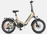 A folded Engwe L20 3.0 Pro Electric Bike with a step-through aluminum alloy frame, black saddle and handlebars, and beige body accents. It features a mid-drive motor and a rear-wheel suspension system.